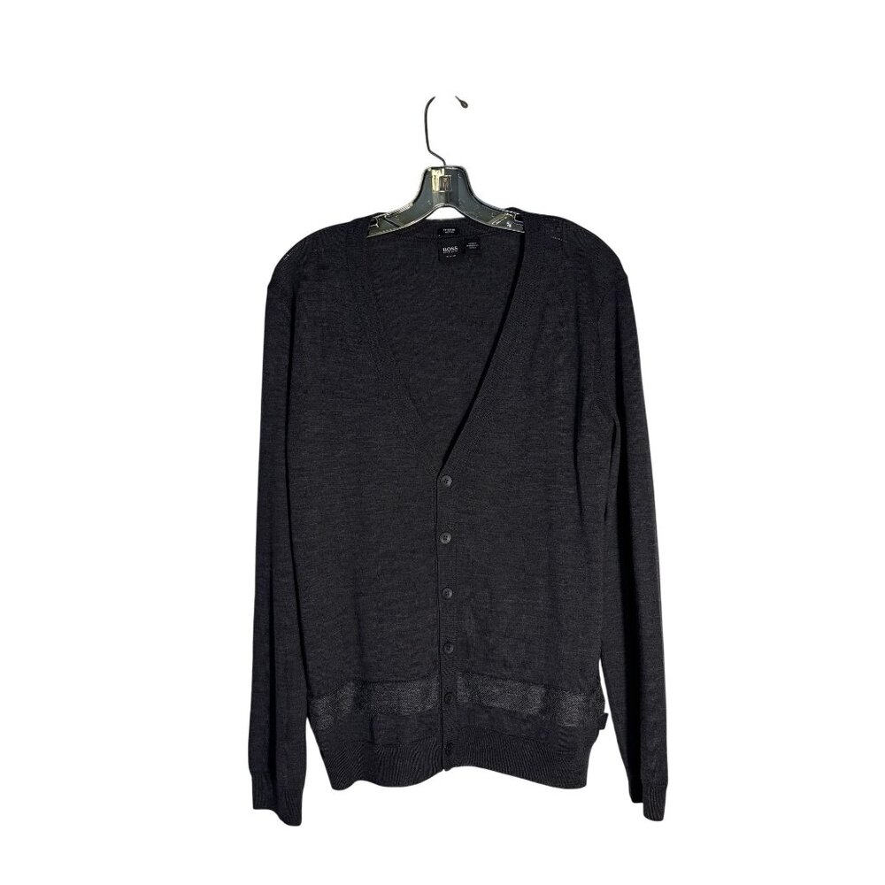 Hugo Boss Slim Fit Charcoal Gray Extrafine Merino Wool Cardigan Sweater Size Med